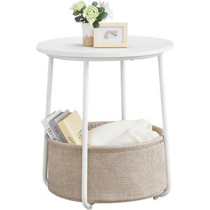 VASAGLE LILEA Collection - Small Round Side End Table, Modern Nightstand with Fabric Basket, Matte White and Camel Brown ULET223W10, Round + 1 Pack