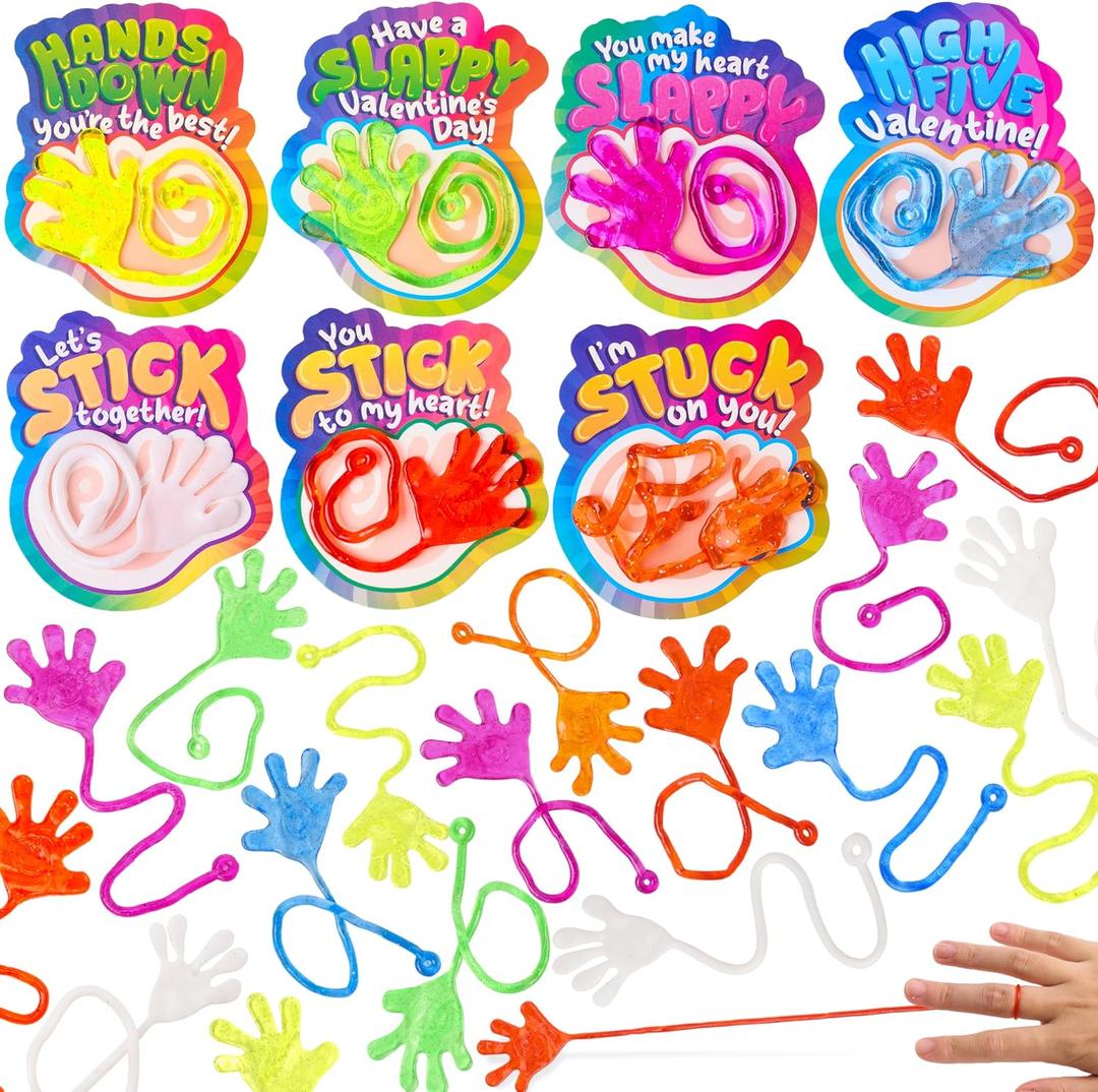 JOYIN 28 Pack Valentine's Day Sticky Hands with Cards, Classroom Exchange Gift for Kids, Classroom and Holiday Reward Prizes, Party Favors, Valentine Greeting Cards