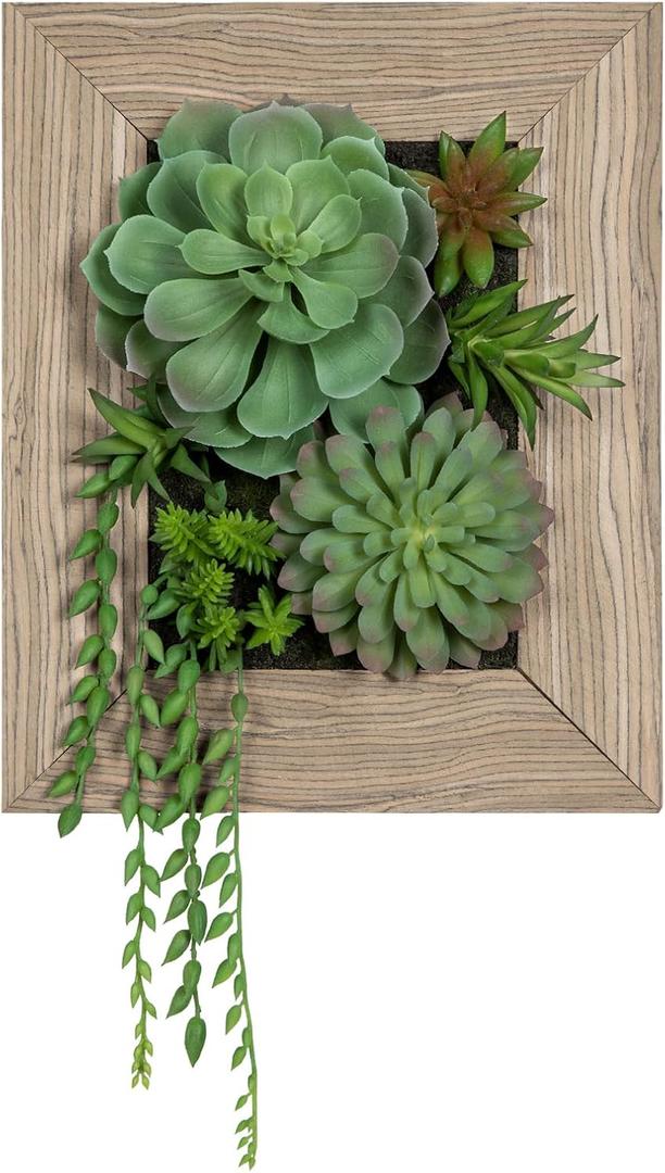 Fake Plants Succulents 3D Artificial Wall Hanging Plants Indoor Faux Succulent Arrangement in Wooden Planter for Home Farmhouse Kitchen Console Table Wall Decoration (Type#02)