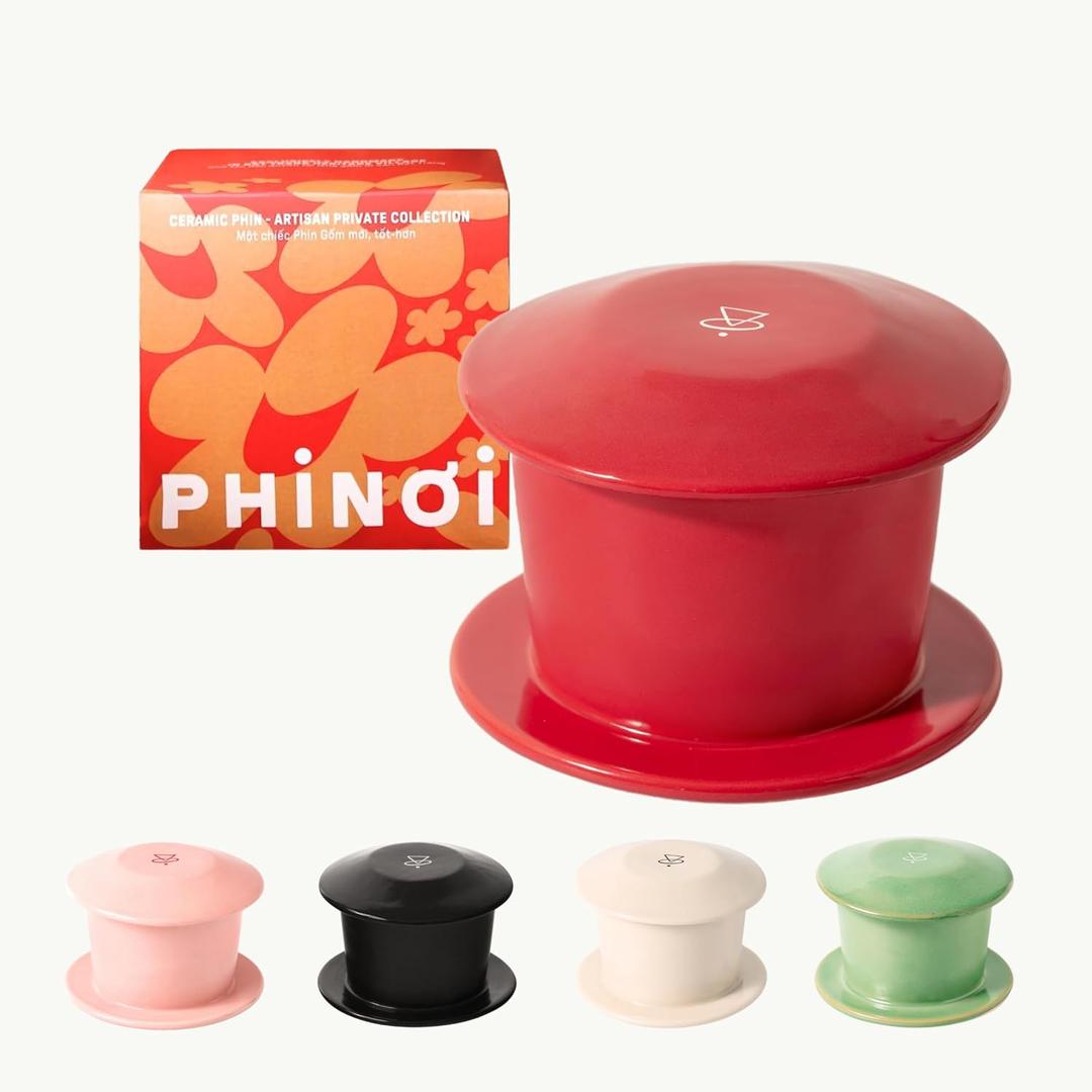 3 x [Valentine Gift] Ceramic Vietnamese Phin Filter by PHINOI - Pour Over Coffee Dripper 1-3 Cup Coffee Maker with Flower Design Reusable Coffee Filter for Manual Brewing, Travel Friendly (Red)