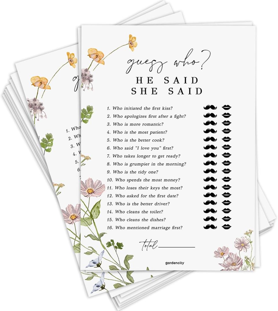GardenCity Bridal Shower Games, He Said She Said Bridal Shower Game for 50 Guests, 50 Cards, Wildflower