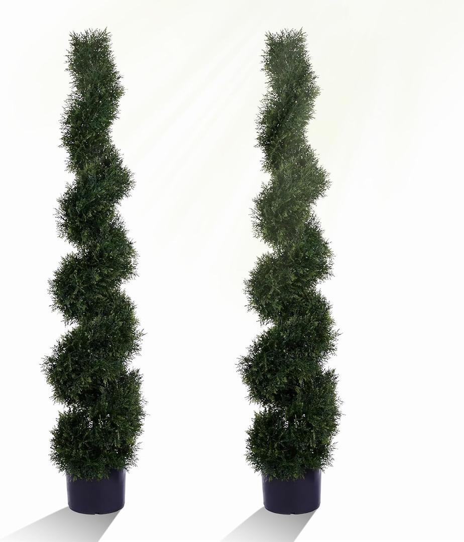 Two 5 Foot 4 Inch Artificial Cypress Spiral Trees Potted Indoor or Outdoor