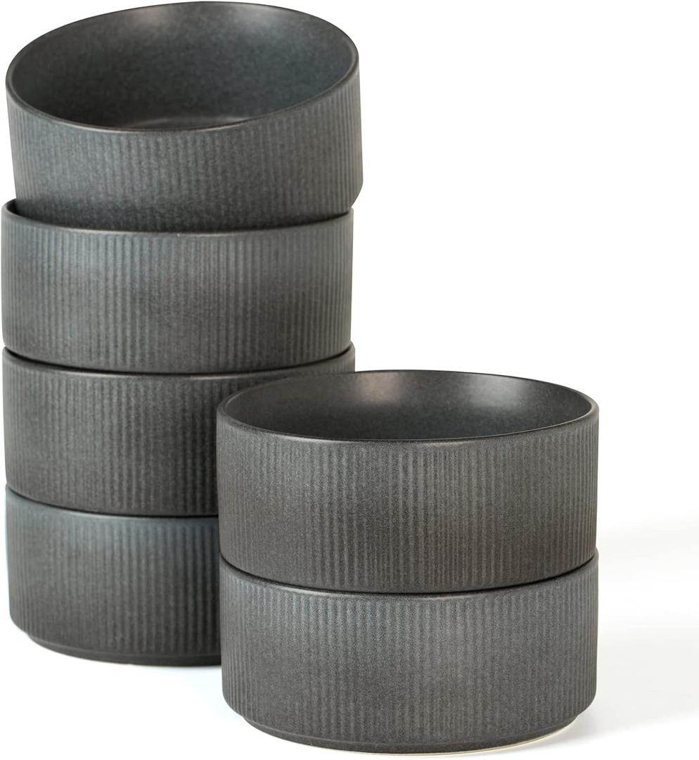 famiware Star Cereal Bowl Set, Soup Bowls Set of 6, Double Reactive Glaze, Stackable, 23 oz Deep Bowls Suitable for Popcorn, Oatmeal, Dessert - Dishwasher and Microwave Safe, Matte Dark Charcoal