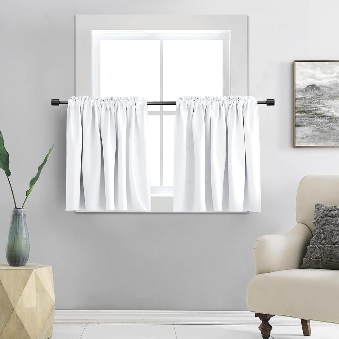 DONREN Pure White Small Window Curtain Panels for Kitchen - Room Darkening Curtain Tiers for Nursery with Rod Pocket (30 x 30 Inch,1 Pair)
