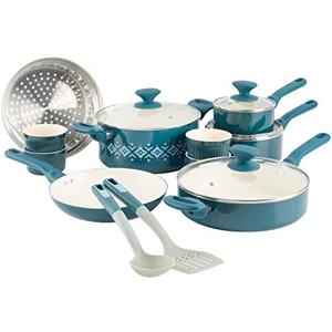 Spice by Tia Mowry Savory Saffron 16-Piece Healthy Nonstick Ceramic Cookware Set - Teal