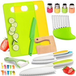 23 Pcs Kids Knife Set for Real Cooking, Montessori Kitchen Toys for Toddlers Kids Cooking Sets, Toddler Knife Set with Plastic Children Safe Knives, Wooden Knife, Potato Slicers, Peeler, Cutting Board
