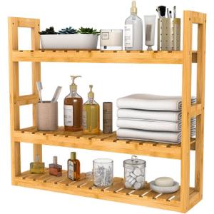 Domax Bamboo Bathroom Shelf 3-Tier Wall Mount Storage Rack Multifunctional Adjustable Layer Free Standing Over Toilet Utility Shelves Living Room Kitchen (Bamboo), 23.6 x 5.9 x 21.3 inches
