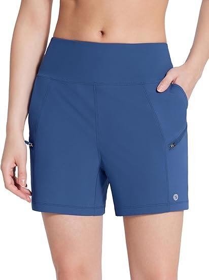 baleaf Women's 5" Workout Shorts Athletic Running Shorts High Waisted with Zipper Pocket Gym Quick Dry Hiking Sports Light Blue XL