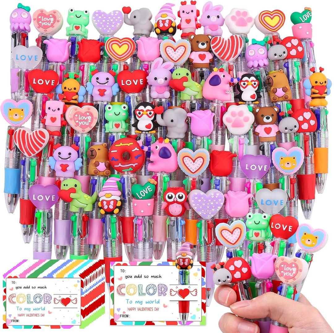CZWZ 60Pcs Mini Multicolor Pen in One 4-in-1 Cute Pens Bulk for Kids, Ballpoint Pens for Birthdays and Children's Parties, Fun Pens Gifts Assorted Ink Kawaii Pen(Valentine)