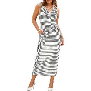 Pink Queen Women's 2 Piece Outfits Sleeveless V Neck Button Down Tank Tops Slit Midi Dress 2025 Striped Summer Skirt Sets (Medium)