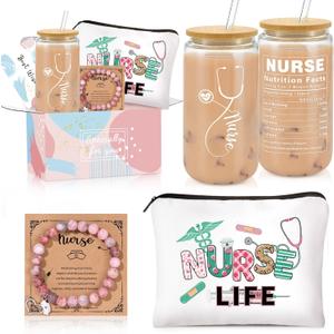 Nurse Gifts for Women, Nurse Appreciation Gift Baskets for Women, Nurses Week Gift Set, Nurse Graduation Birthday Box for Female 16 oz Can Glass, Makeup Bag, Bracelet