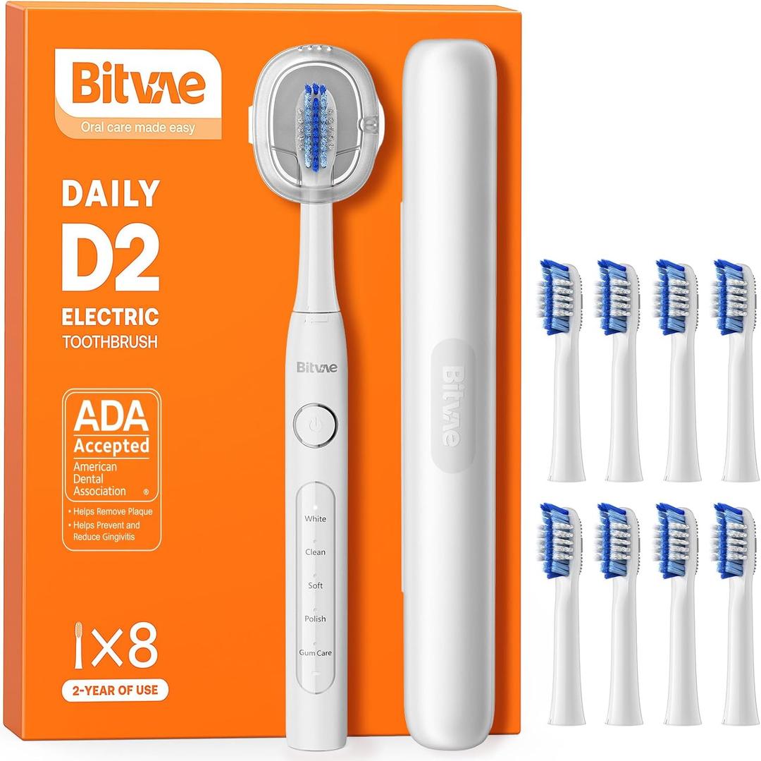 Bitvae Ultrasonic Electric Toothbrush for Adults and Kids, ADA Accepted Travel Toothbrush with Rechargeable 60-Day Battery Life, 5 Modes, 8 Heads, Case, Holder, Frost White