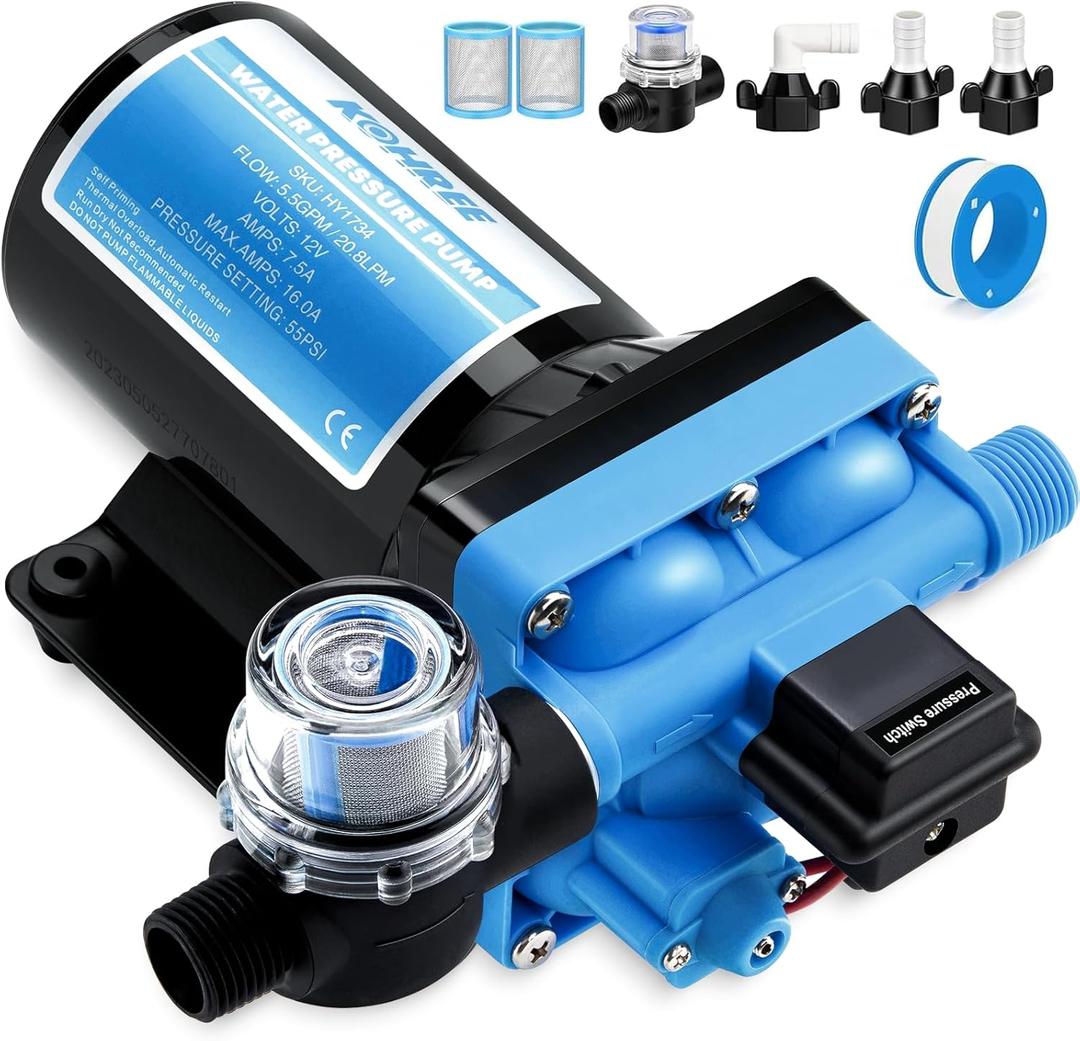 Kohree RV Fresh Water Pump 5.5GPM 55PSI 12V DC Diaphragm Water Pump with Pressure Switch for RV, Marine, Yacht, Caravan.