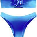 BEAUDRM Women's 2 Piece Striped 3D Flower Bandeau Bikini Triangle Set Backless Tube High Cut Swimsuit Bathing Suit Royal Blue Medium