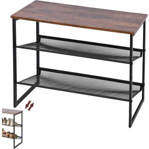 3-Tier Shoe Rack, Tilting Adjustable Freestanding Shoe Organizer, Wooden Top with 4 Metal Mesh Shelves, Shoe Rack for Front Door, Entryway, Hallway, Closet, Industrial (3-Tiers)