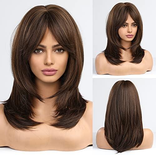 Alanhair Brown Wigs for Women,HAIRCUBE Long Layered Wigs with Bangs Heat Resistant Synthetic Fibre Wigs