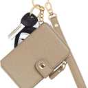 M-Plateau Wallet, Womens card Holder Leather Keychain Wallet With Zipper Coin Pocket ID Window Wrist Strap Gift Box (Khaki)