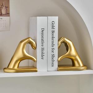 Steviieden Decorative Bookends, Solid Hearthands Sculpture Book Stopper Decor Book Holder for Shelf Home Office Bedroom Living Room (Gold)