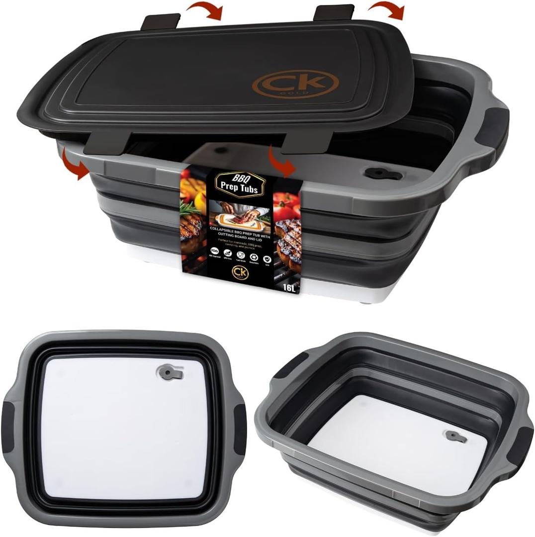 New XL Collapsible BBQ Prep Tub wtih LOCKING Lid, Cutting Board & Drain Hole | BPA-Free, Food-Grade, Recyclable, Space-Saving Caddy for Grilling, Camping, Kitchen & Outdoor Cooking (Black, 16 Liters) New XL Collapsible BBQ Prep Tub wtih LOCKING Lid, Cutting Board & Drain Hole | BPA-Free, Food-Grade, Recyclable, Space-Saving Caddy for Grilling, Camping, Kitchen & Outdoor Cooking (Black, 16 Liters)