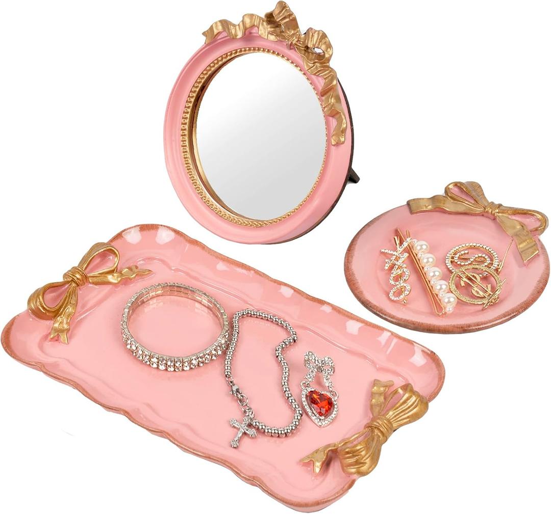 Perfume Tray Coquette Room Decor - 3 Pcs Decorative Jewelry Tray & Bow Makeup Mirror, Cute Jewelry Organizers, Aesthetic Anthropologie Hoom Decor for Room Bathroom Dorm, Vintage Gifts for Women, Pink