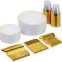 Goodluck 150 Pieces Gold Disposable Plates for 25 Guests, Plastic Party, Wedding, Dinnerware Set of Dinner Plates, Salad Spoons, Forks, Knives, Cups