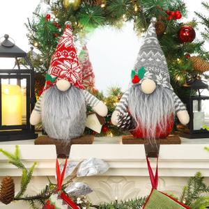 home Christmas Stocking Holder, Soft Stuffed Christmas Gnome Metal Stocking Hangers, Rustic Farmhouse Christmas Stocking Hooks for Fireplace, Mantle, Shelves Decorative Ornaments