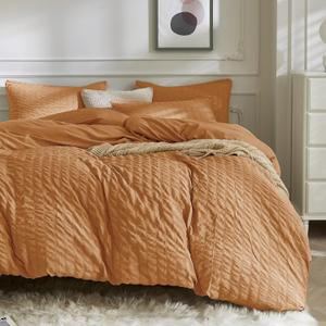 JELLYMONI Burnt Orange Duvet Cover Queen Size, 3pcs Washed Microfiber Bedding Set, Soft Breathable Seersucker Duvet Cover Set with Zipper Closure and Corner Ties for All Seasons