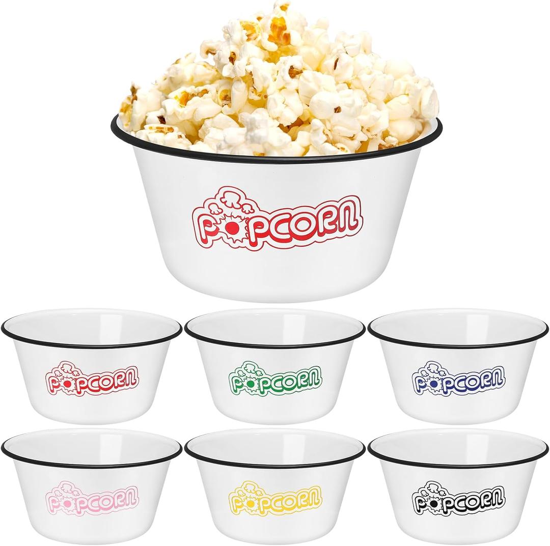 Maxdot Set of 6 Enamelware Popcorn Bowl 1.2 Quart Reusable Popcorn Serving Bowls Buckets Containers for Family Cinema Nights and Camping Party Shatterproof Classic White with Black Rim