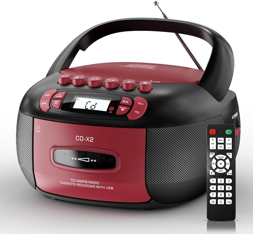 Boombox CD Cassette Player Combo: Stereo Sound AM FM Radio with Bluetooth and Remote - AUX/USB MP3/Tape Recording/Sleep Timer/Earphone Jack - DC/AC Powered for Home,Outdoor