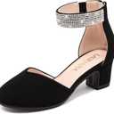 Girls Dress Shoes with Rhinestone Ankle Strap Closed Toe High Heels for Little Big Kids Wedding Party (Nubuck Black)