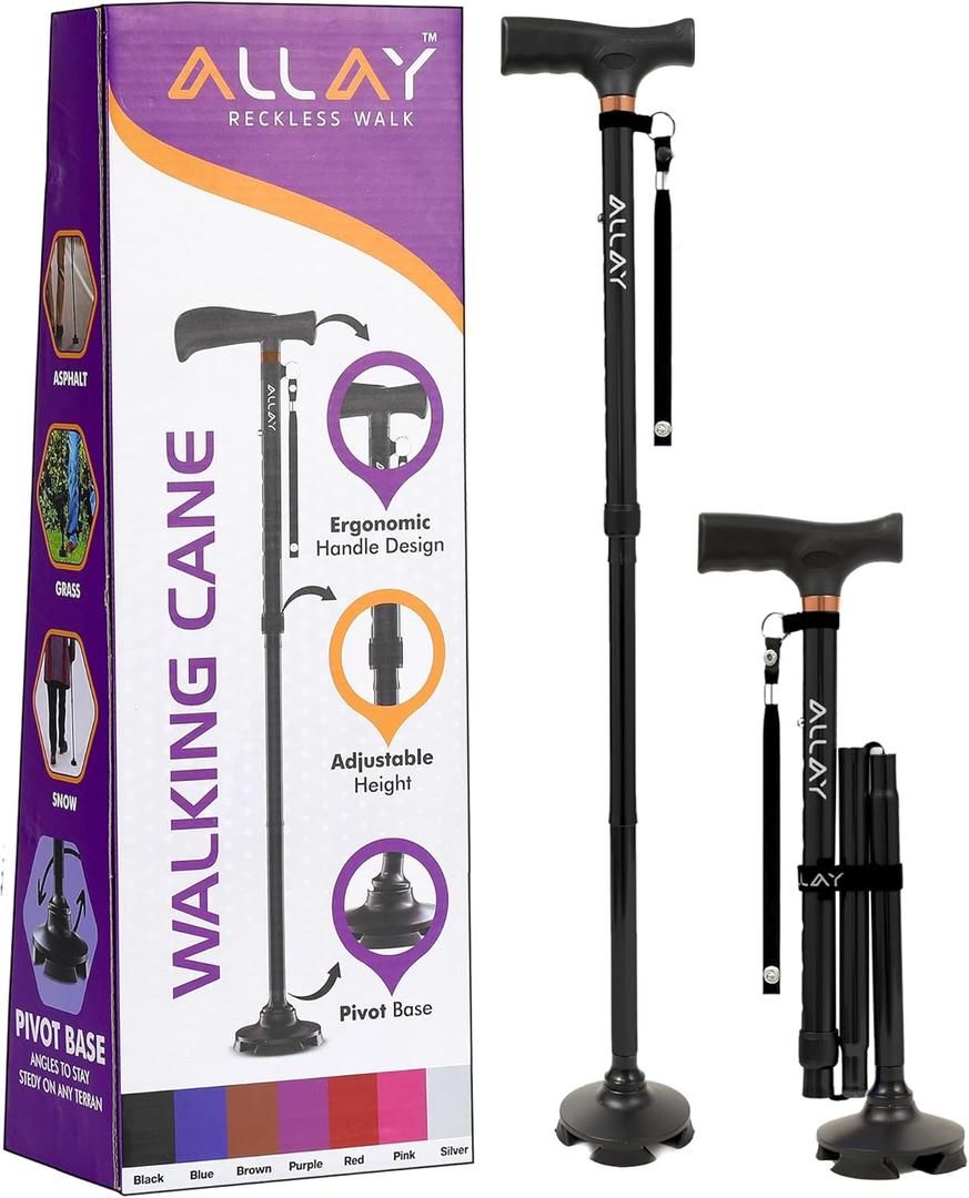 Allay Walking Cane for Men & Women - Foldable, Adjustable, Collapsible Walking Canes for Seniors Balance, Free Standing, Pivot Tip, Heavy Duty, with Travel Bag | Walking Sticks for Seniors & Adults
