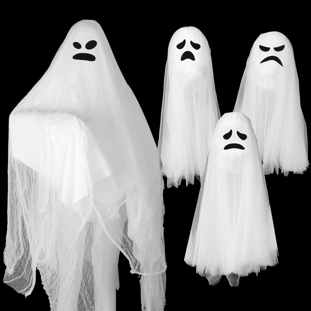 Xtinmee 5.2ft x 98ft Halloween Creepy Cloth White Scary Gauze Cloth Halloween Spooky Ghost Fabric Decorations and 32 Pcs Ghost Adhesive Stickers for DIY Projects Yard Wall Outdoor Decor(White)