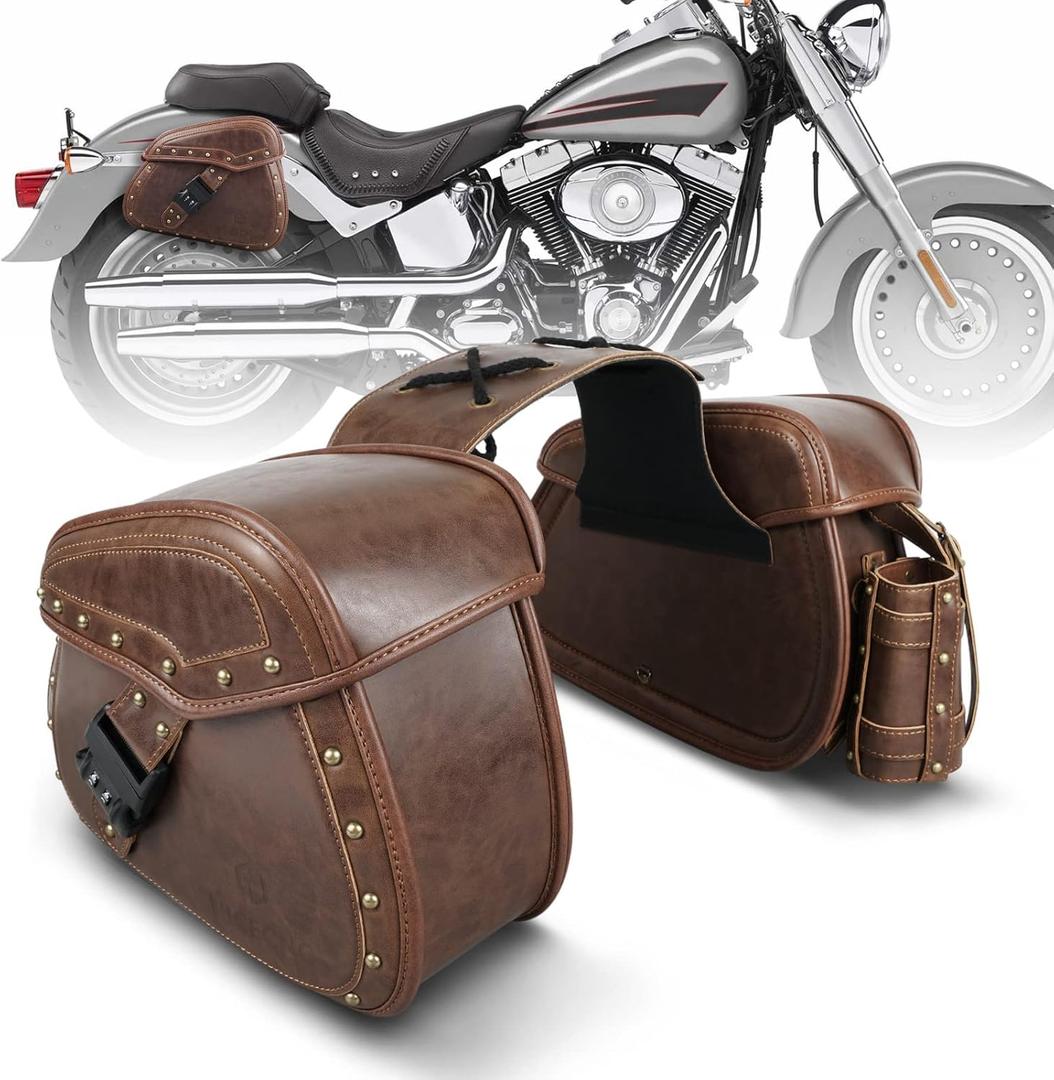 NICECNC Saddle Bags, PU leather Motorcycle Saddlebags, Reinforced Straps & Saddle Piece, with Cup Holder & Lock, Throw Over Saddle Bags Side Bags, BROWN (buckle)