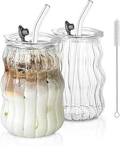 Glass Cups with Lids and Straws,530 ml Iced Coffee Glass Travel Mug,Vertical Stripes Iced Coffee Glasses,Suitable for Hot and Cold Drinks
