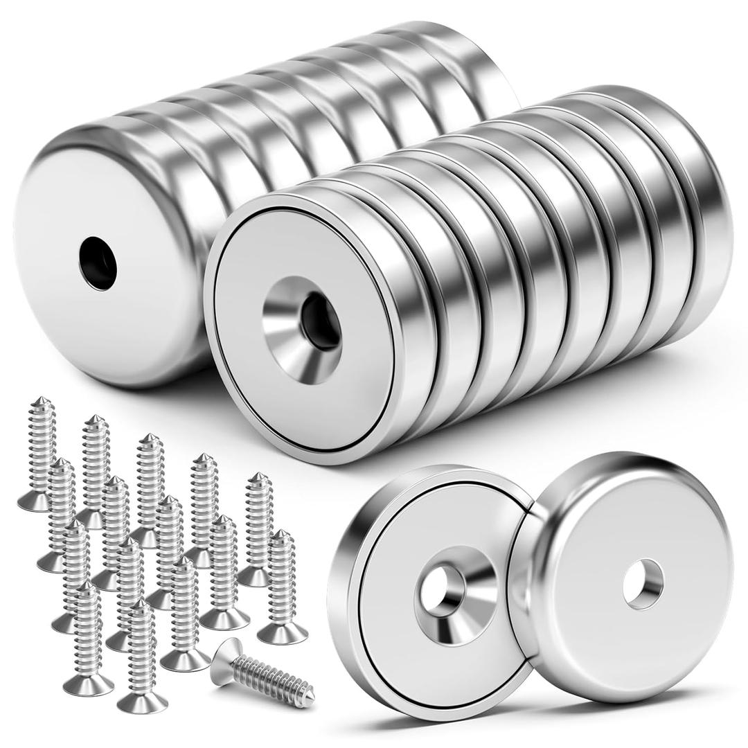 VNDUEEY Magnets with Holes, Strong Rare Earth Magnets, 16 Pack 40LBS Neodymium Cup Magnet with Stainless Screws for Wall Mounting, Round Base Disc Magnet for for Kitchen, Office, Workplace, DIY Craft
