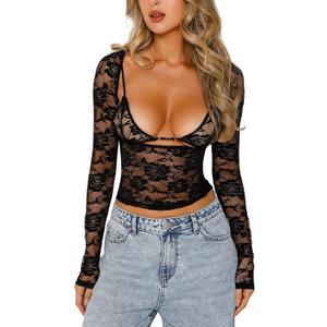 Women Y2k Lace Long Sleeve Crop Top Sexy Sheer See Through T Shirts Backless Slim Fit Going Out Tops (Small, C 2pcs Black)