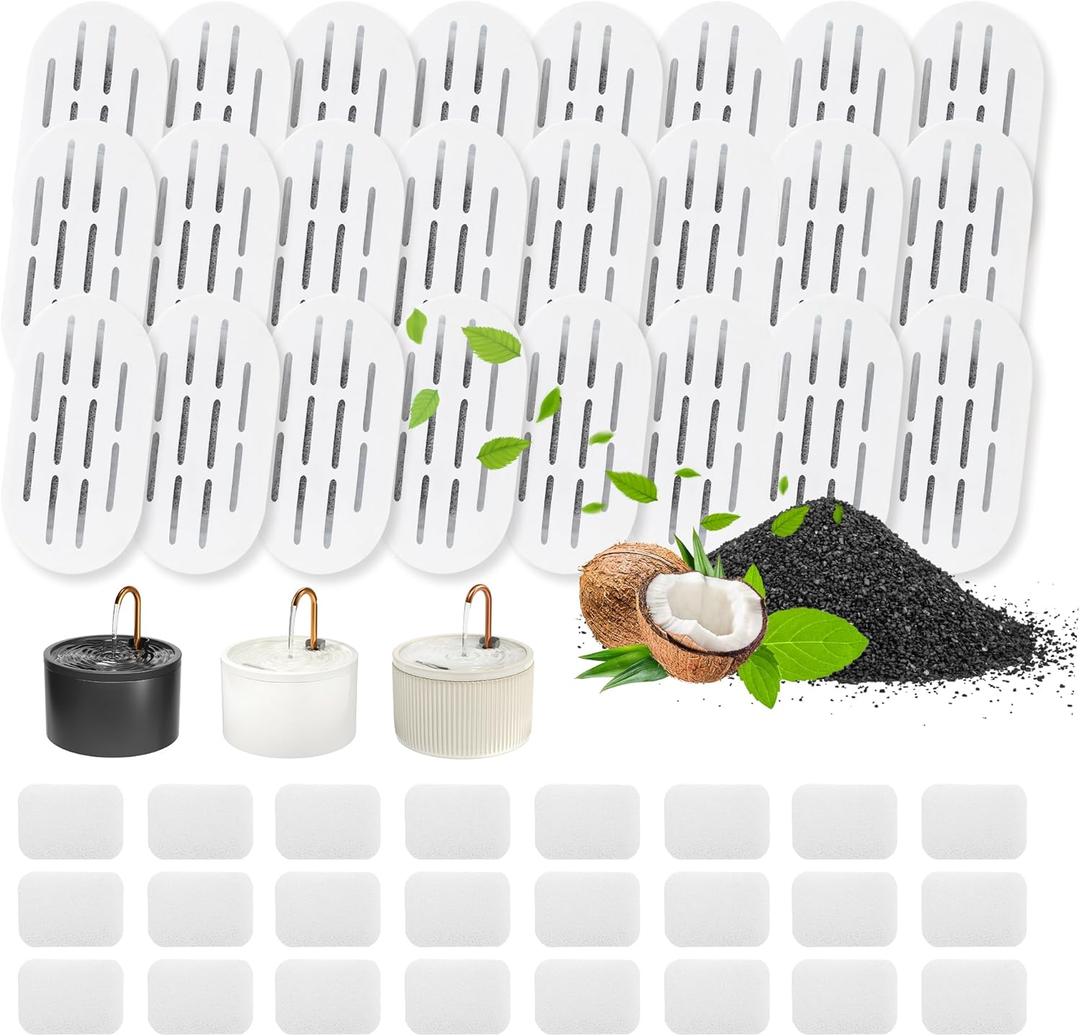 MISFANS Ceramic Cat Water Fountain Filters, 24 Pack Replacement Filters & 24 Pack Replacement Pre-Filter Sponges Set for MISFANS and Other Ceramic Pet Fountain Water Dispenser