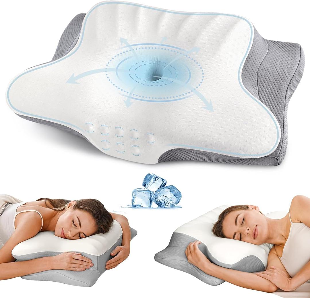 Cervical Neck Pillow for Pain Relief - Ergonomic Memory Foam Pillows for Sleeping, Cooling Side Sleeper Pillow for Neck Support, Contour Orthopedic Bed Pillow for Back Stomach Sleepers (White + Grey)