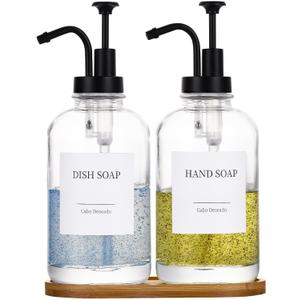 Glass Soap Dispenser with Pump, Dish and Hand Soap Dispenser for Kitchen Bathroom Set, Clear Glass Dispenser Set of 2 Pack with 18 Stickers Funnel Bamboo Tray 500ml 18oz / Each Bottle Sliver Pump