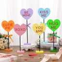 6 Pcs Valentine's Day Conversation Hearts Table Decor Colorful Heart Wooden Tall Standing Centerpiece Rustic Table Topper Sign for Farmhouse Room Holiday Decoration(Hard Style)