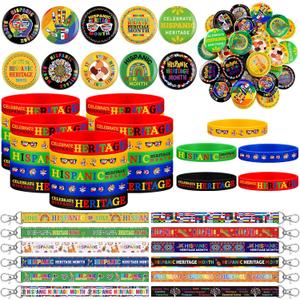 Quelay 72 Pcs Hispanic Heritage Month Party Favors Bulks Included 24 Hispanic Rubber Bracelets 24 Buttons Badges Round Button Pins 24 Lanyard Keychains Gifts Bulk for Festival Accessory Party Decor, Pack of 2
