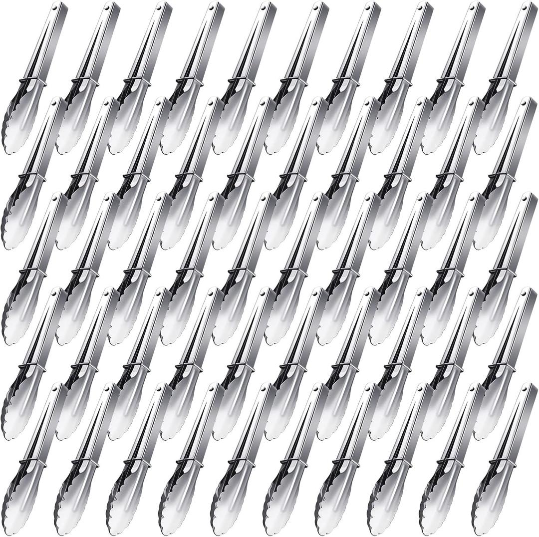Meanplan 50 Pcs Small Stainless Steel Kitchen Tongs 7 Inch Food Serving Tongs Metal Cooking Clips High Heat Resistant Clips with Sliding Rings for Buffet Food Cooking Salad Grilling, Silver