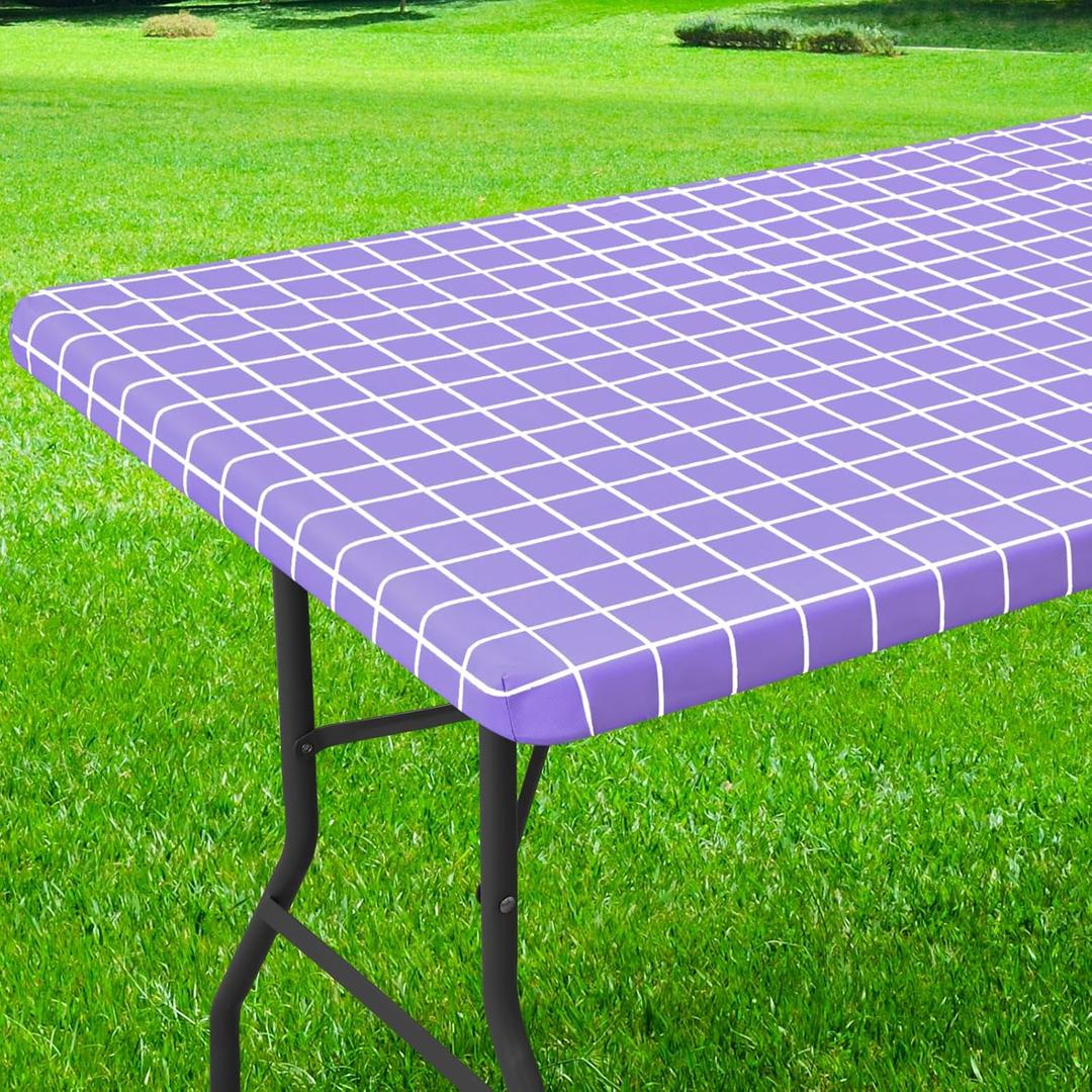Rectangle Vinyl Table Cloth 30x48, Waterproof Elastic Fitted Tablecloth with Flannel Backing, Plastic Table Cover for Picnic, Camping, Outdoor, Lavender