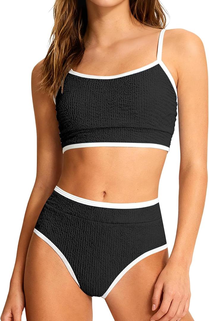 Girls Swimsuit Two Piece Scoop Neck Solid Color Bikini Set Adjustable Strap High Waist Bathing Suit for Girls 9-10Y (Black)