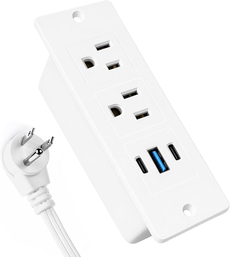 Recessed Power Strip USB, 20W Fast Charging Furniture Outlet - 2 AC & 3 USB (2 USB-C + 1 USB-A) for Desk, Bedside, Drawer, Conference Table - Space-Saving, Easy Install, 6FT Cord, White