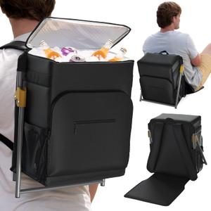 Insulated Backpack Cooler with Foldable Seat - 40 Cans, 24 Hour Cooling, Breathable Straps, Lightweight Leak Proof Liner, Portable Cooler Backpack Bag for Men Women Beach Travel Camping Picnic Hiking (03. Black (Cooler Chair))