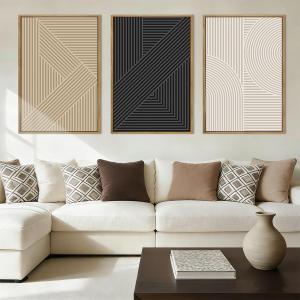 Large Neutral Abstract Wall Art Framed Mid Century Modern Canvas Paintings Artwork Geometric Wall Decor Modern Abstract Artwork Minimalist Art Prints Boho Home Decor for Living Room Bedroom Bathroom Office 36x24 Inch Set of 3