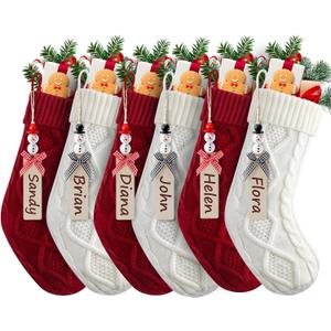 Minetom Personalized Christmas Stockings,18 Inches Custom Name Christmas Stocking with DIY Snowman Name Tags,6 Pack Knitted Xmas Stocking for Stair Fireplace Tree Hanging,Red and White