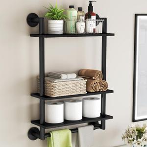 Bathroom Shelves Wall Mounted, 3 Tier Bathroom Shelf with Towel Bar, 26in Stainless Steel Floating Pipe Racks Over Toilet, Wall Shelves for Bathroom Laundry Room Kitchen Storage, Black