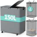 Yecaye 150L Laundry Hamper with Wheels, Rolling Laundry Basket with Lid and 2 Removable Laundry Bag, Large Capacity 2 Section Clothes Hampers for Laundry Room, Bedroom, Bathroom, Dorm, Grey 